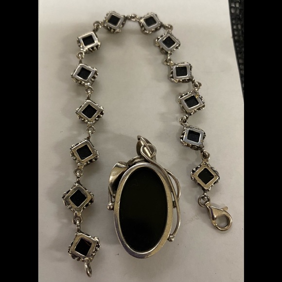 Gift 🎁 2pc Vintage 925 Sterling Silver Pendant and Bracelet set w/ Amber 🎁 - Picture 2 of 7